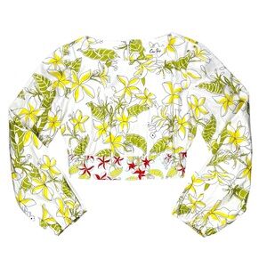 Coco Shop Floral Balloon Sleeve Cotton Crop Top, XS